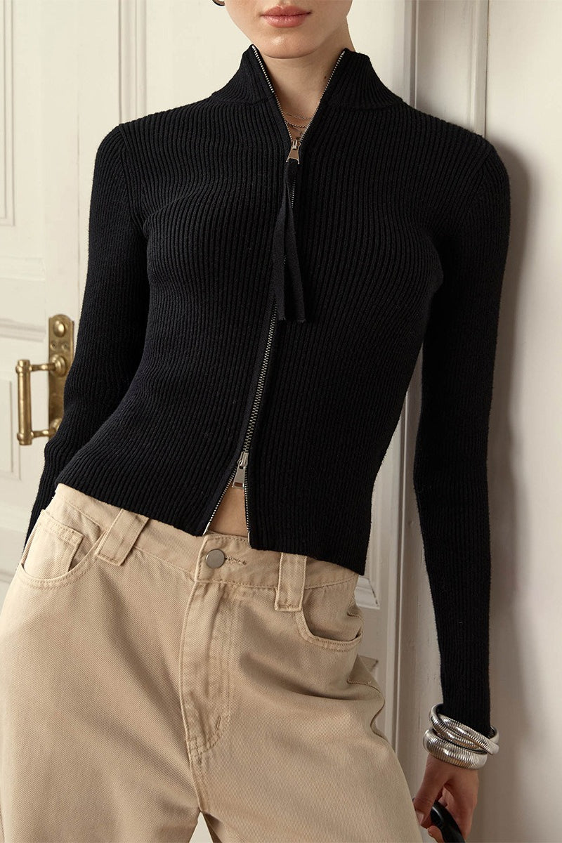 Knit Double Zipper Stand Collar  Blouse image 6