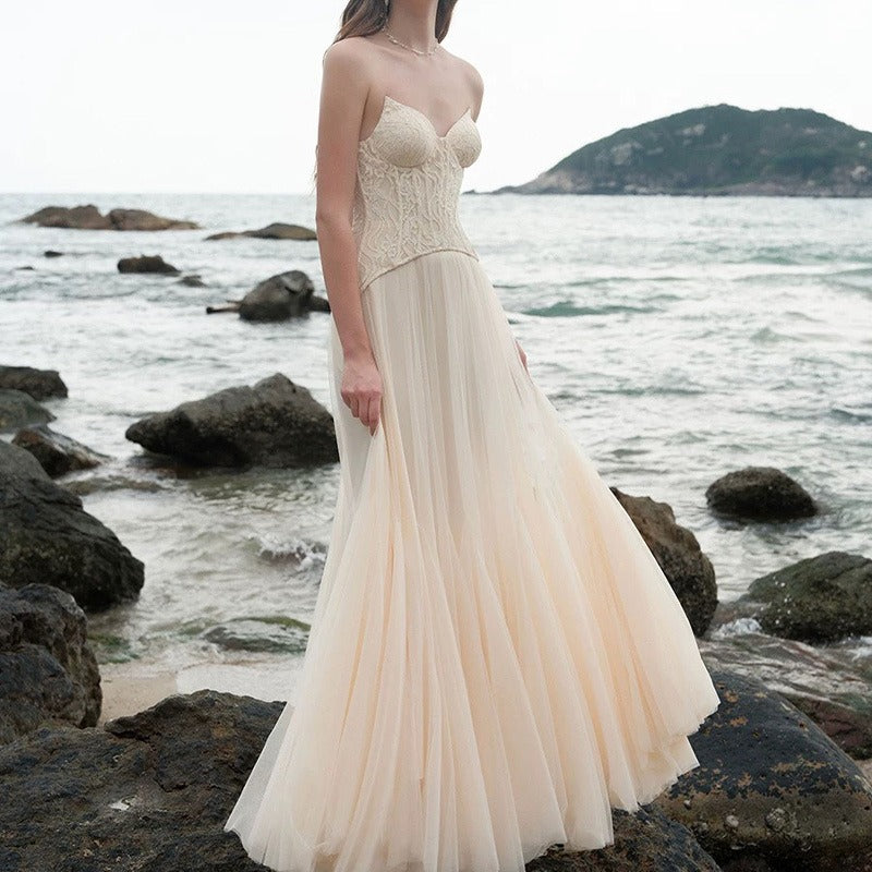 Lace Bone Tube Mesh Flared Prom Dress image 5