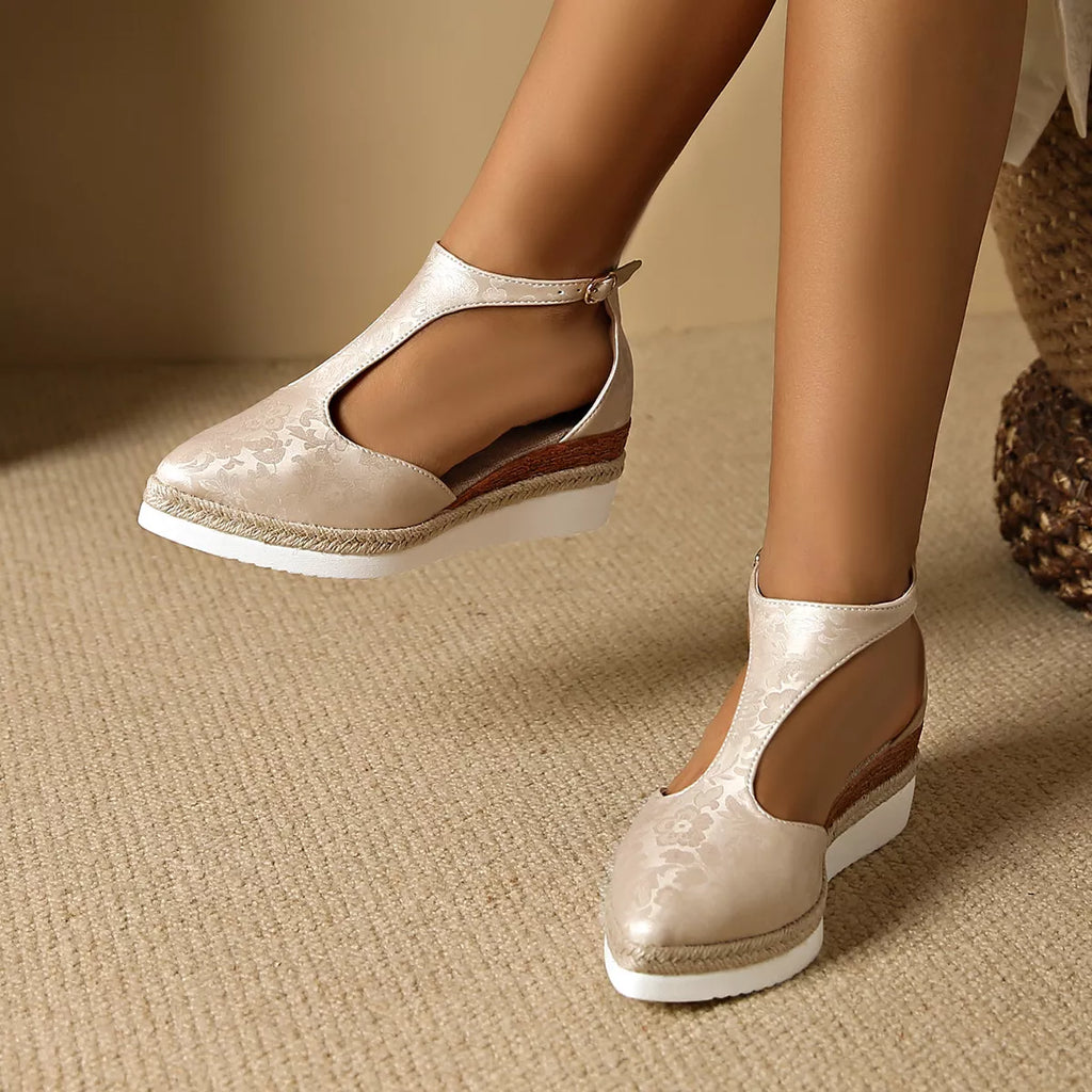 Celine Wedge Sandals detail view styled for Avrienne