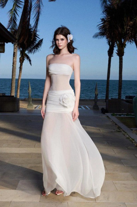 Solid Sheer Mesh Bandeau Maxi Dress image 3