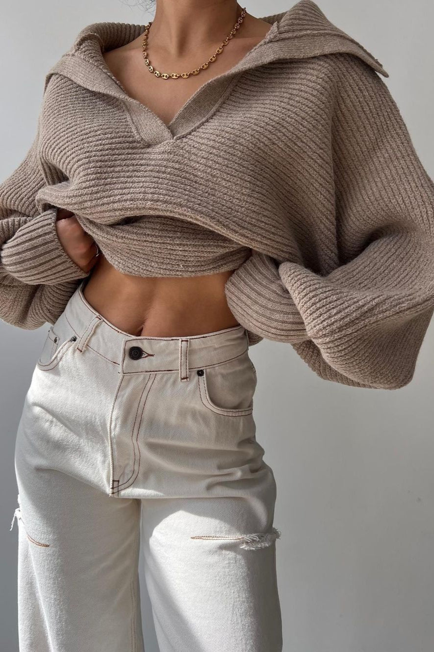 Lantern Sleeve Open Collar Knit Sweater image 5