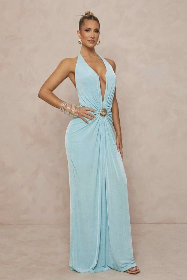 Deep V Halter Ruched Metal Trim Backless Maxi Dress image 2