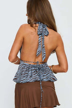 Retro Zebra Print Backless Halter Tie Waist Blouse image 6