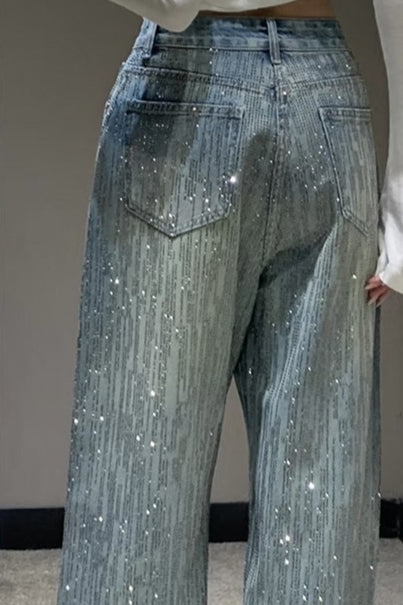 Sparkly All Rhinestone Washed Loose Wide Leg Jeans image 4