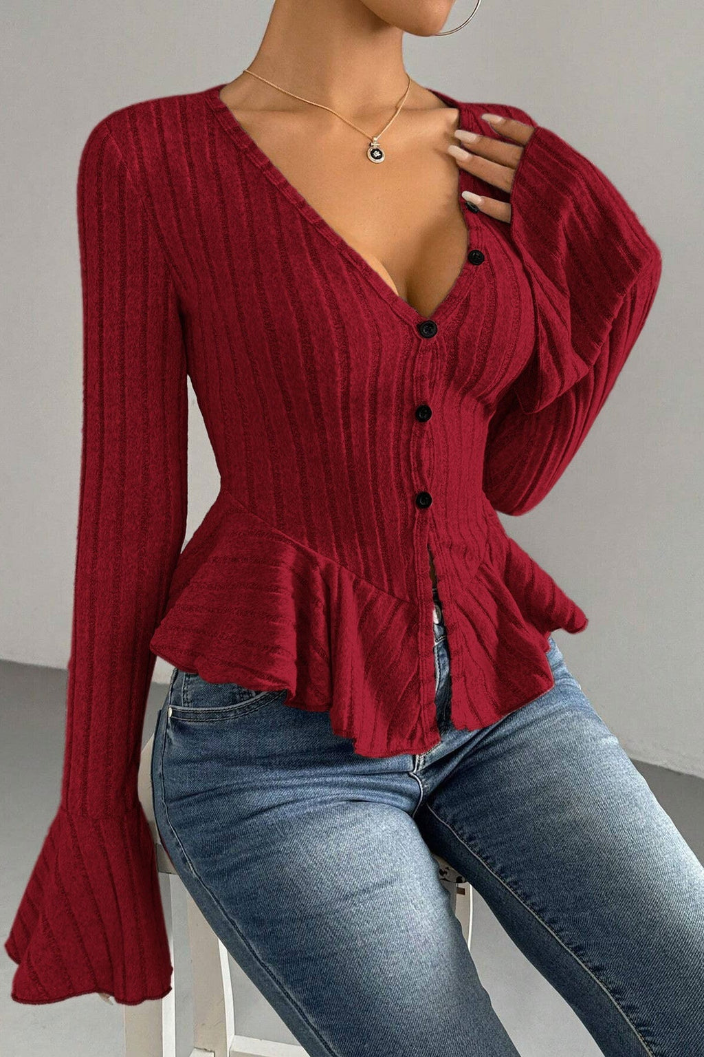 Flounced V-Neck Bodycon Knit Top image 9