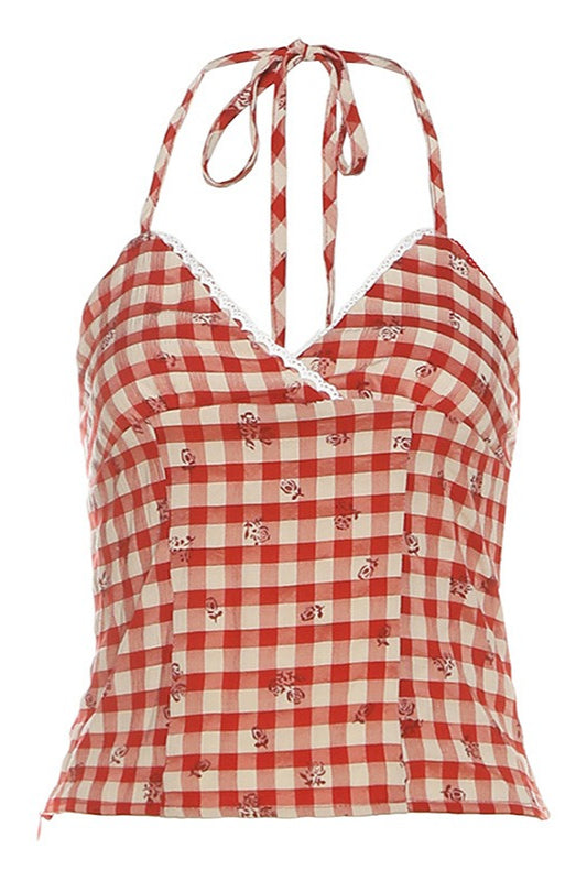 Fresh Red Plaid Backless Halter Top image 5