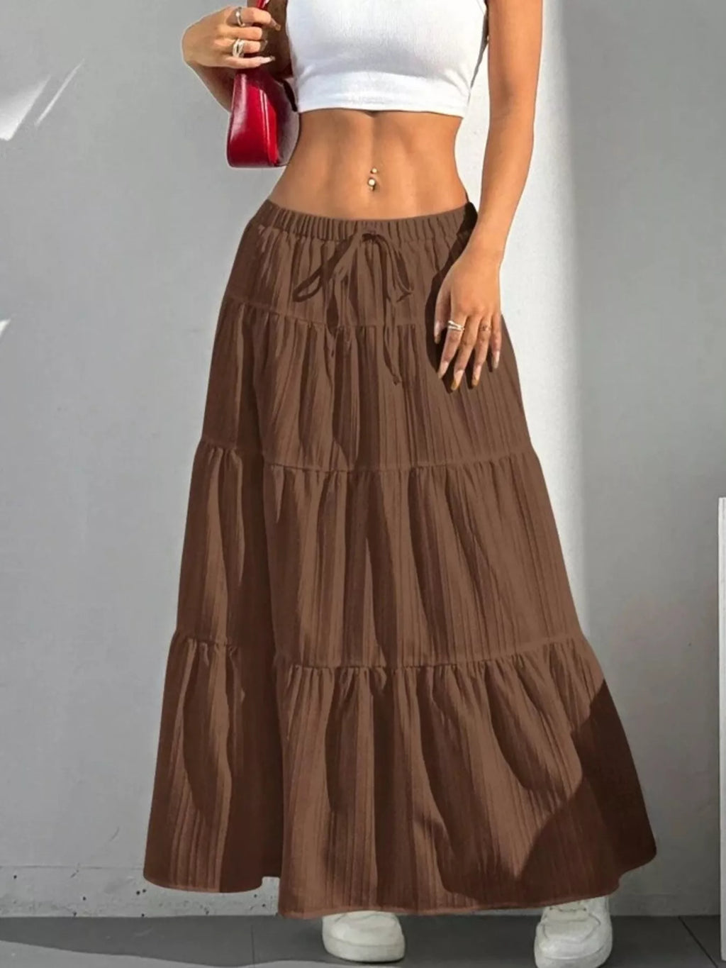 Capri Tiered Maxi Skirt detail view styled for Avrienne