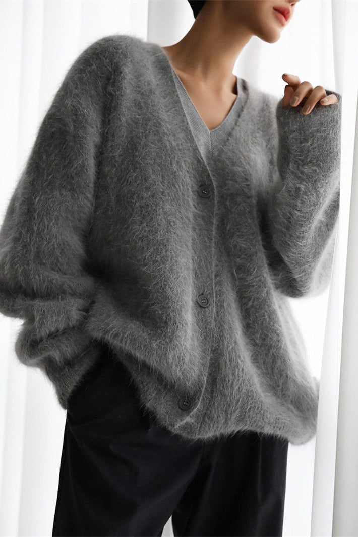 V-Neck Fluffy Knit Cardigan Sweater image 36