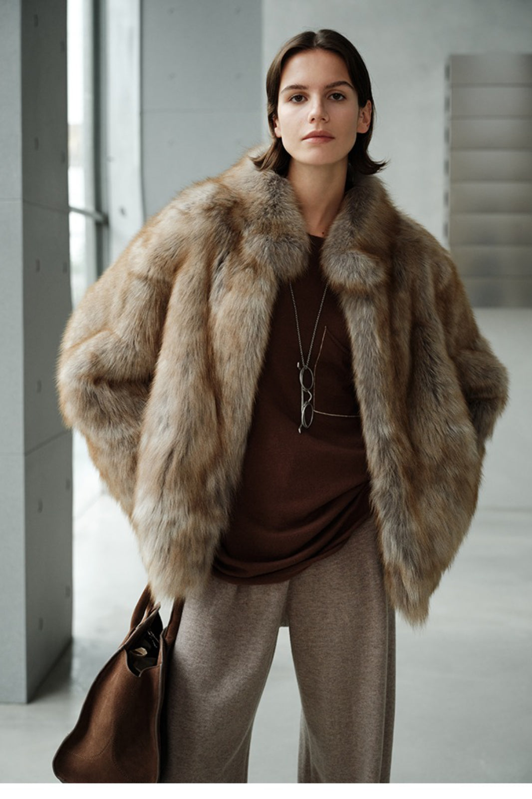 Minimalist Mid-Length Faux Fur Stand Collar Coat image 12