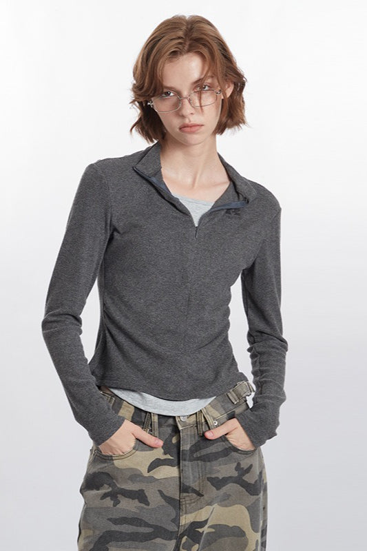 Mock Two-Piece Half-Zip Knit Top image 1