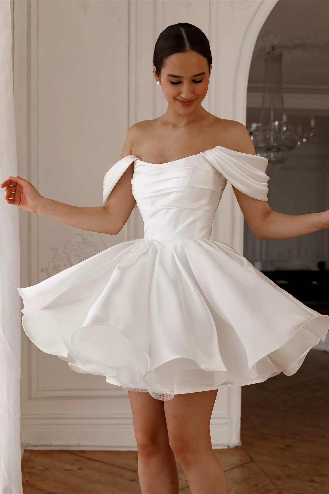 Off Shoulder Back Lace-up Short Fluffy Prom Dress image 2