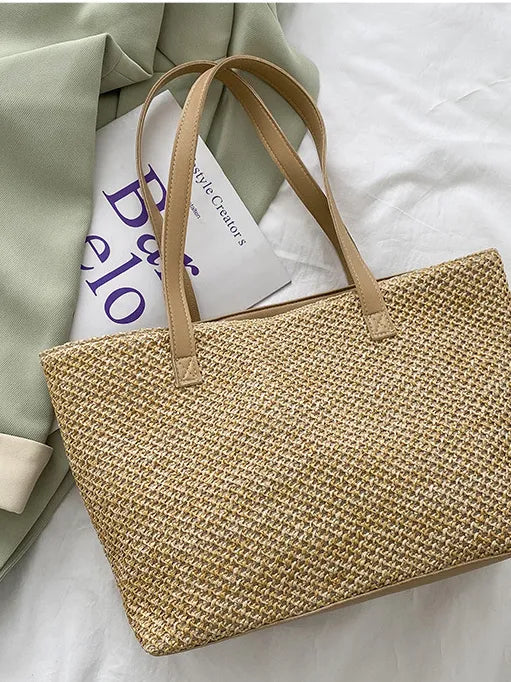 Yara Woven Tote detail view styled for Avrienne