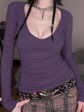Ribbed Deep V Neck Knit Long Sleeve Tee image 1