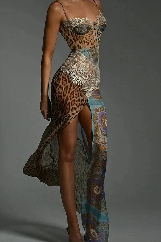 Leopard Printed Patchwork Lace Floral Dress image 2