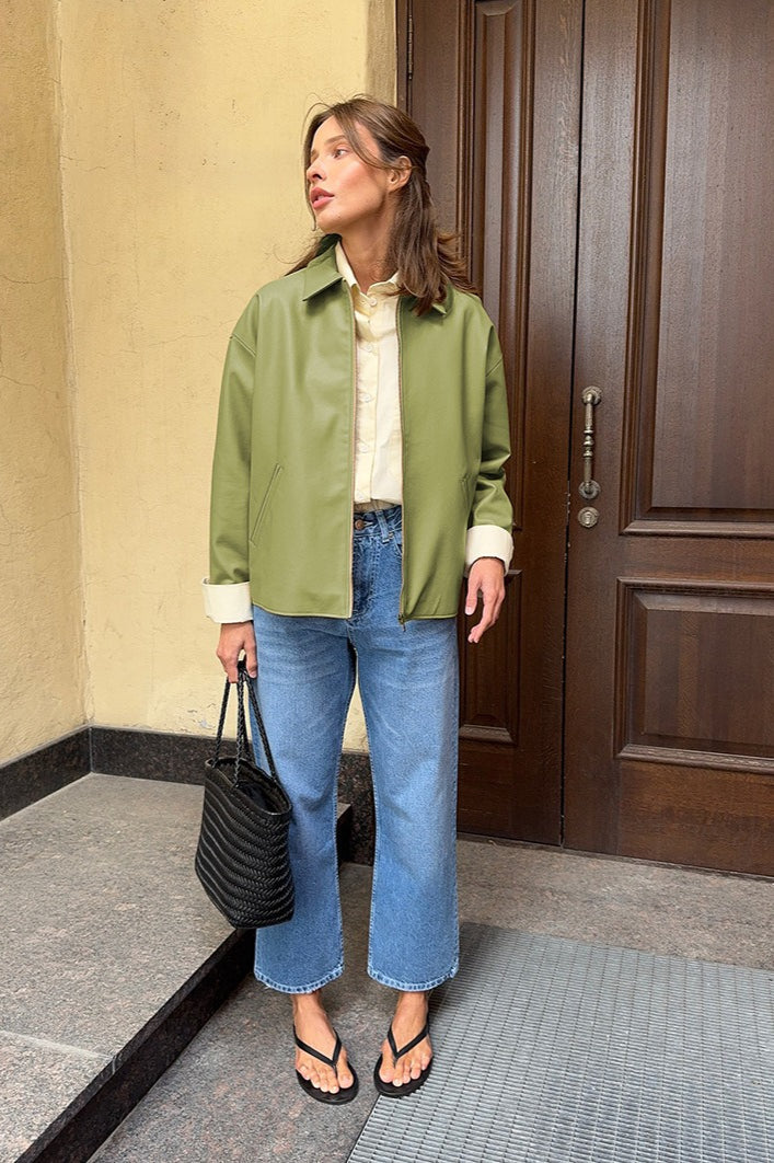 Loose Fit Green Leather Pilot Jacket image 4