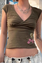 Cross V Neck Floral Embroidered T-shirt image 3