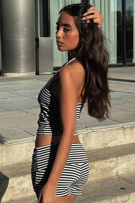 Casual Striped Halter Cuff Hem Two Piece Set image 4