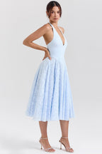 Romantic Blue Halter Jacquard Party Dress image 2