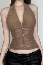 Sexy V Neck Halter Mesh Ruched Tank Top image 2