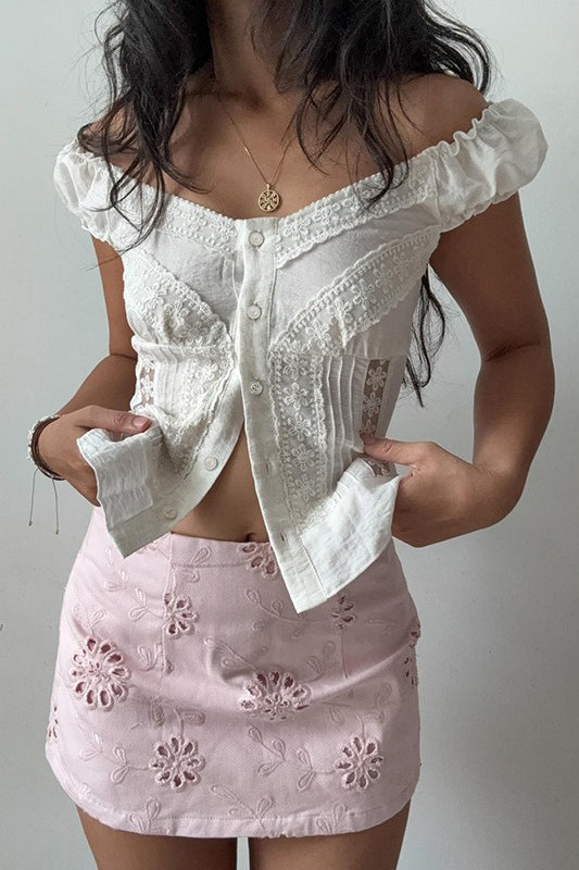 Vintage Lace V Neck Button Puff Sleeve Tank Top image 1
