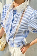 Chic Stripe Lace Puff Sleeve Blouse image 2