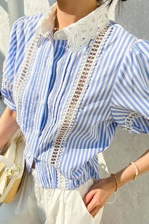 Chic Stripe Lace Puff Sleeve Blouse image 2