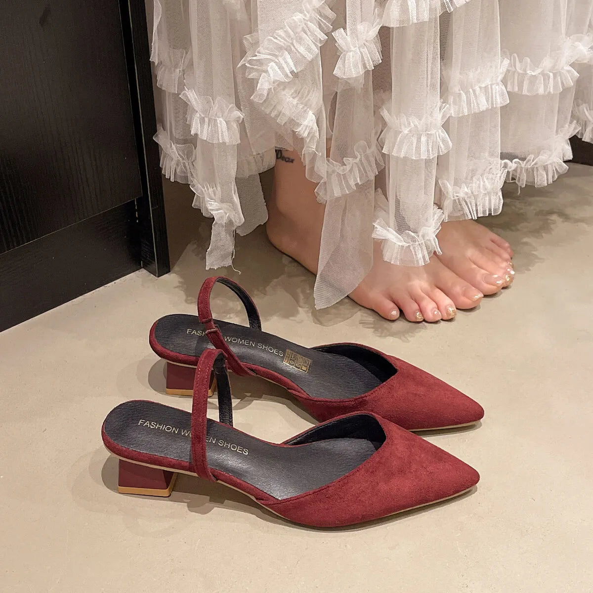 Anya Block Heel Sandals detail view styled for Avrienne