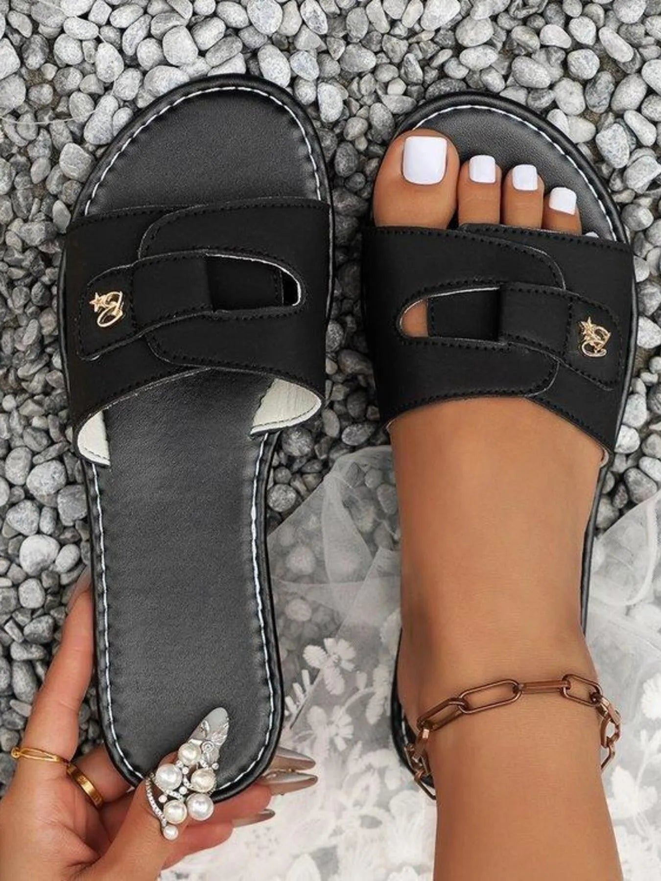 Margaux Flat Sandals detail view styled for Avrienne