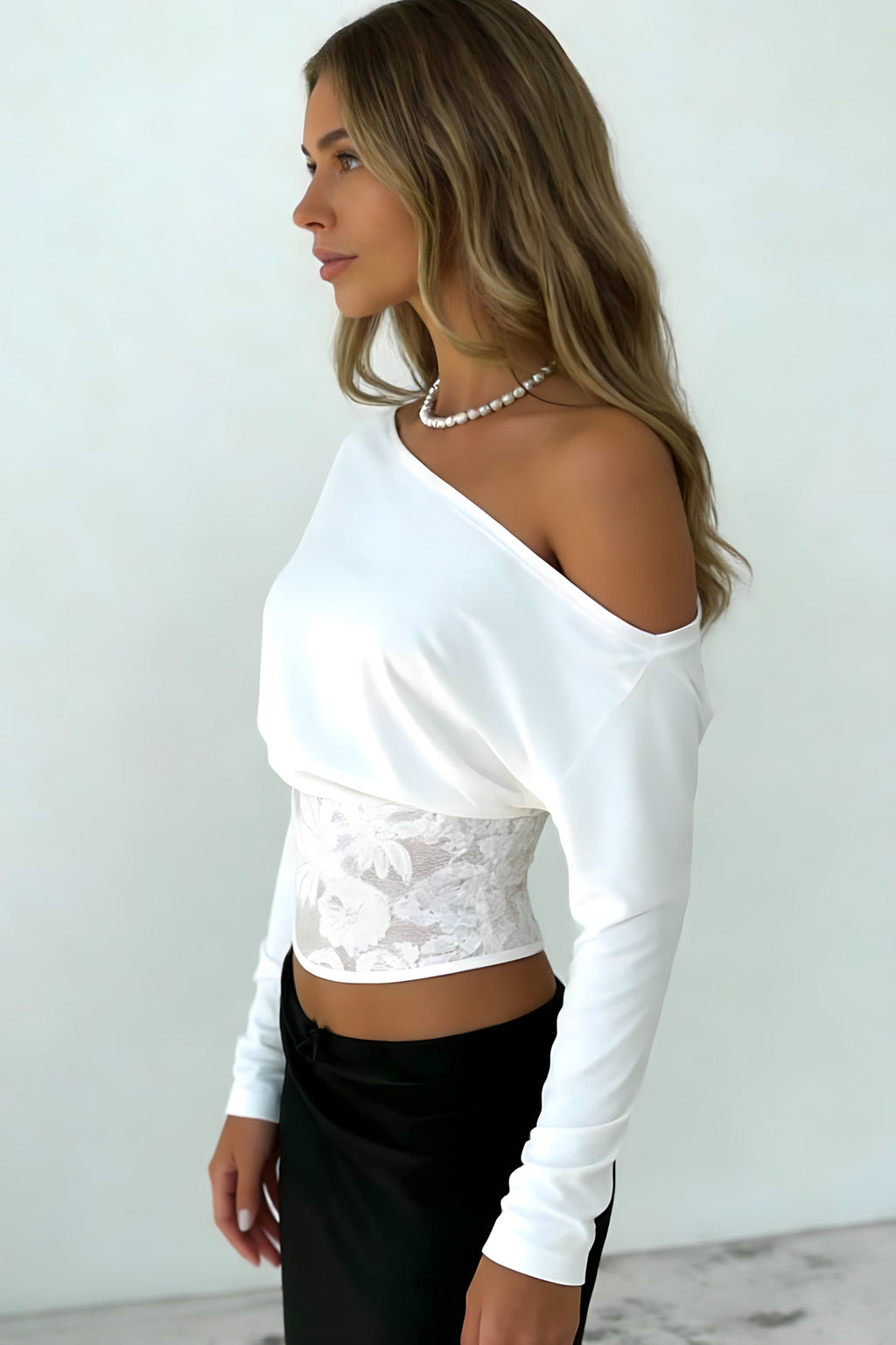 Lace Splice Off Shoulder Bat Sleeve Blouse image 2