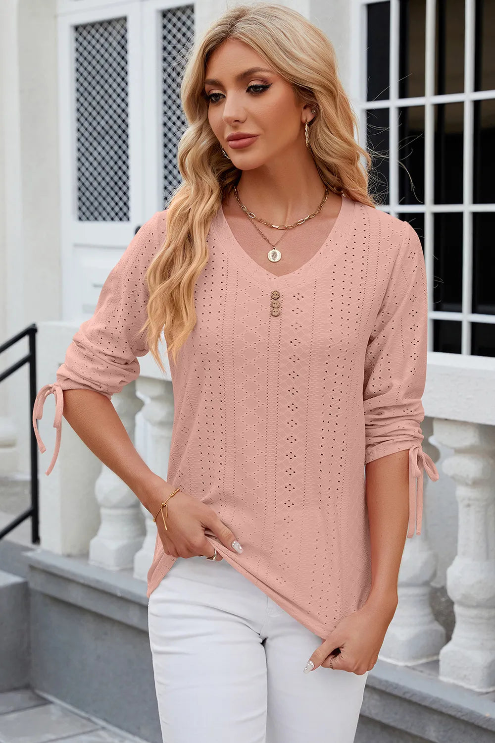 Petra Eyelet Top detail view styled for Avrienne