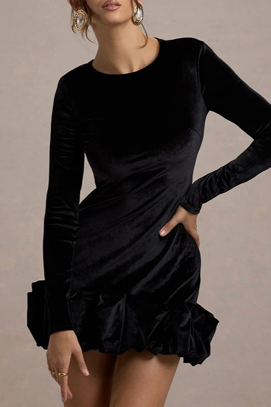 Luxe Velvet Crew Neck Pleated Long Sleeve Mini Dress image 7