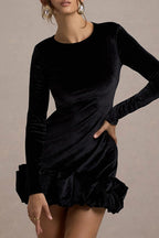 Luxe Velvet Crew Neck Pleated Long Sleeve Mini Dress image 7