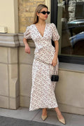 Printed V Neck Puff Sleeve Waist Maxi Dress image 3