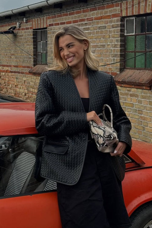 V-Neck Woven Leather Long Sleeve Jacket image 3