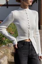 Single-Breasted Rib-Knit Slim Long Sleeve Blouse image 8