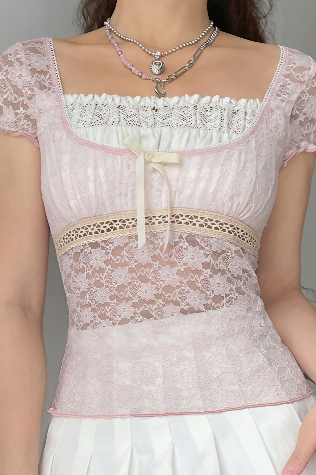 Square Neck Lace Spliced Tie Slim Blouse image 2