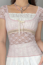 Square Neck Lace Spliced Tie Slim Blouse image 2