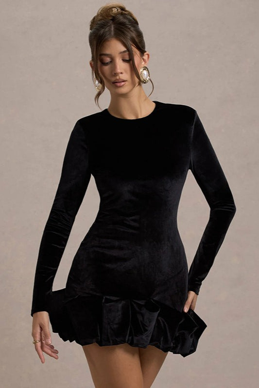 Luxe Velvet Crew Neck Pleated Long Sleeve Mini Dress image 5
