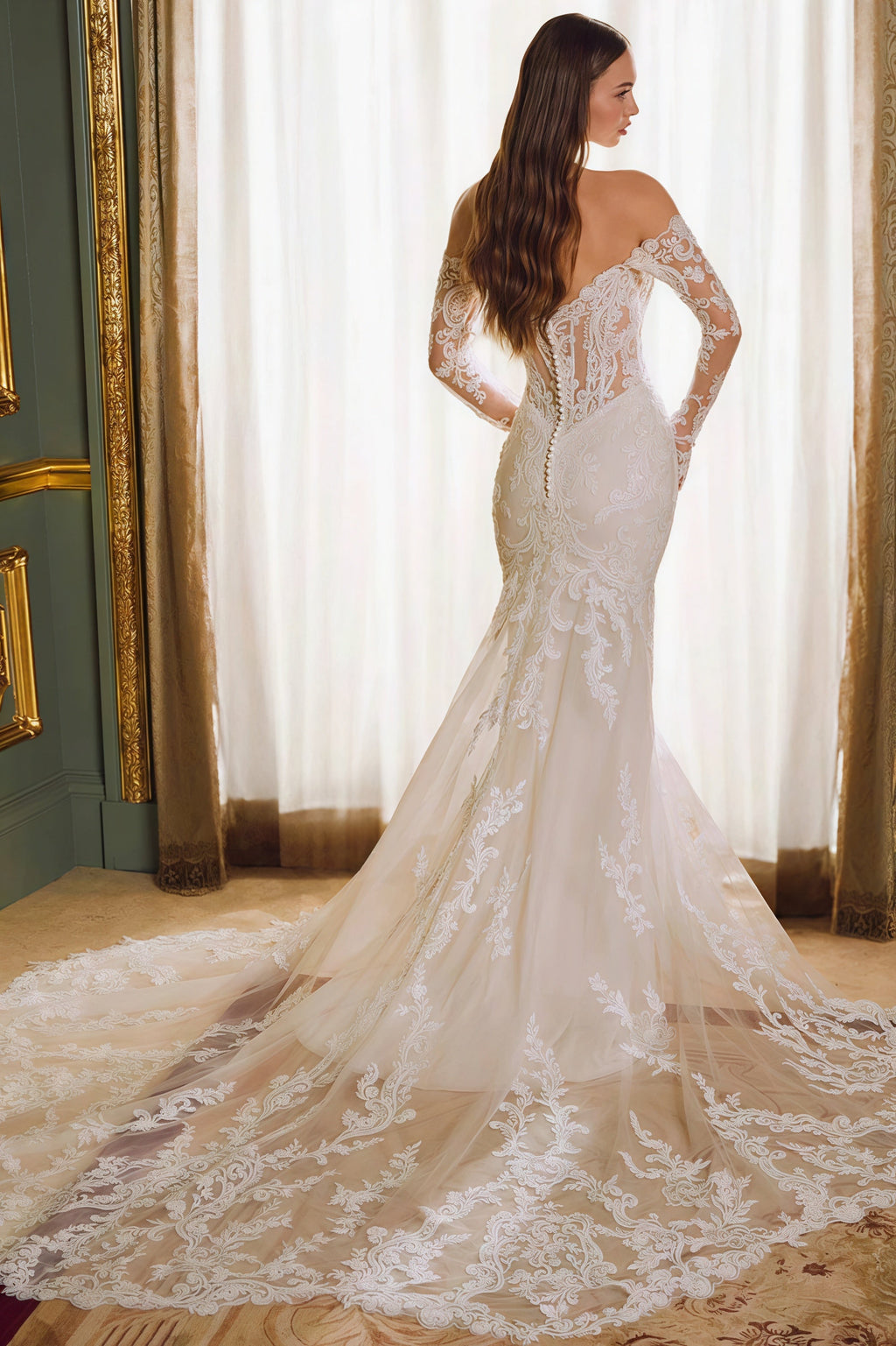 Off Shoulder Lace Long Sleeve Mermaid Wedding Dress image 2