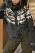 Jacquard Collar Horn Button Retro Loose Knit Cardigan image 1