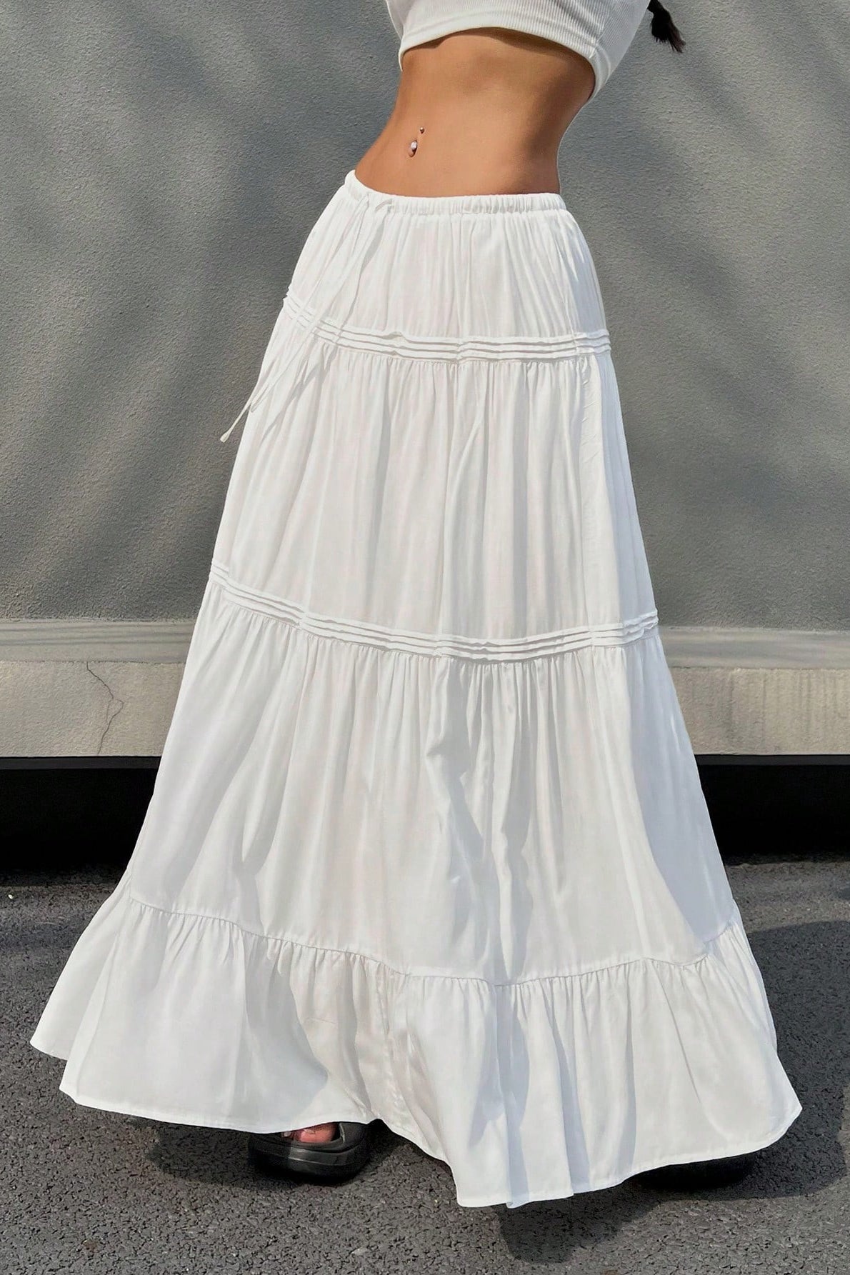 White Casual Tiered Midi Skirt image 2
