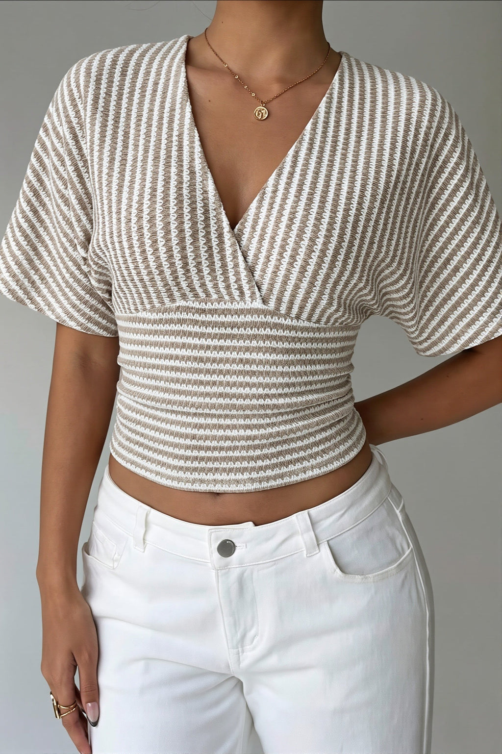V Neck Striped Bat Sleeve T-shirt image 1