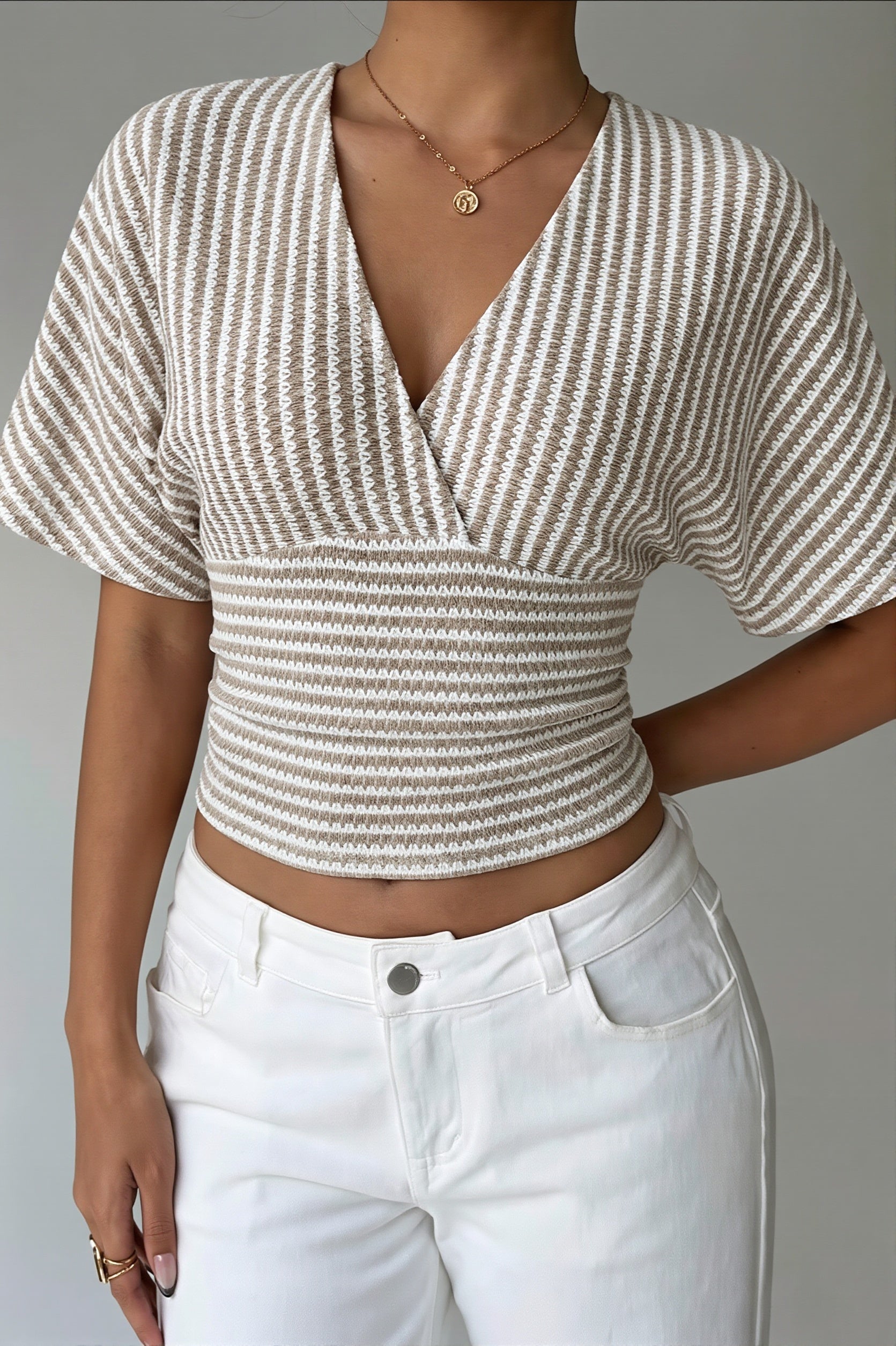 V Neck Striped Bat Sleeve T-shirt image 1