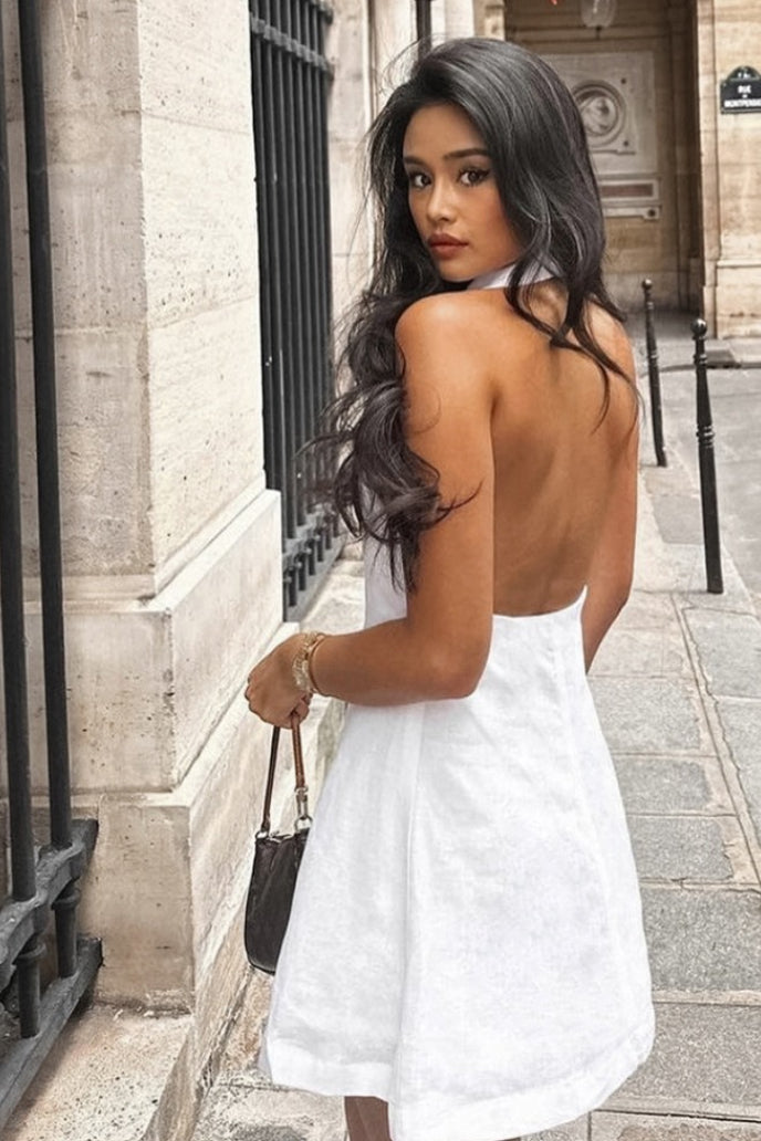 Halter V Neck Button Down A Line Mini Dress image 3