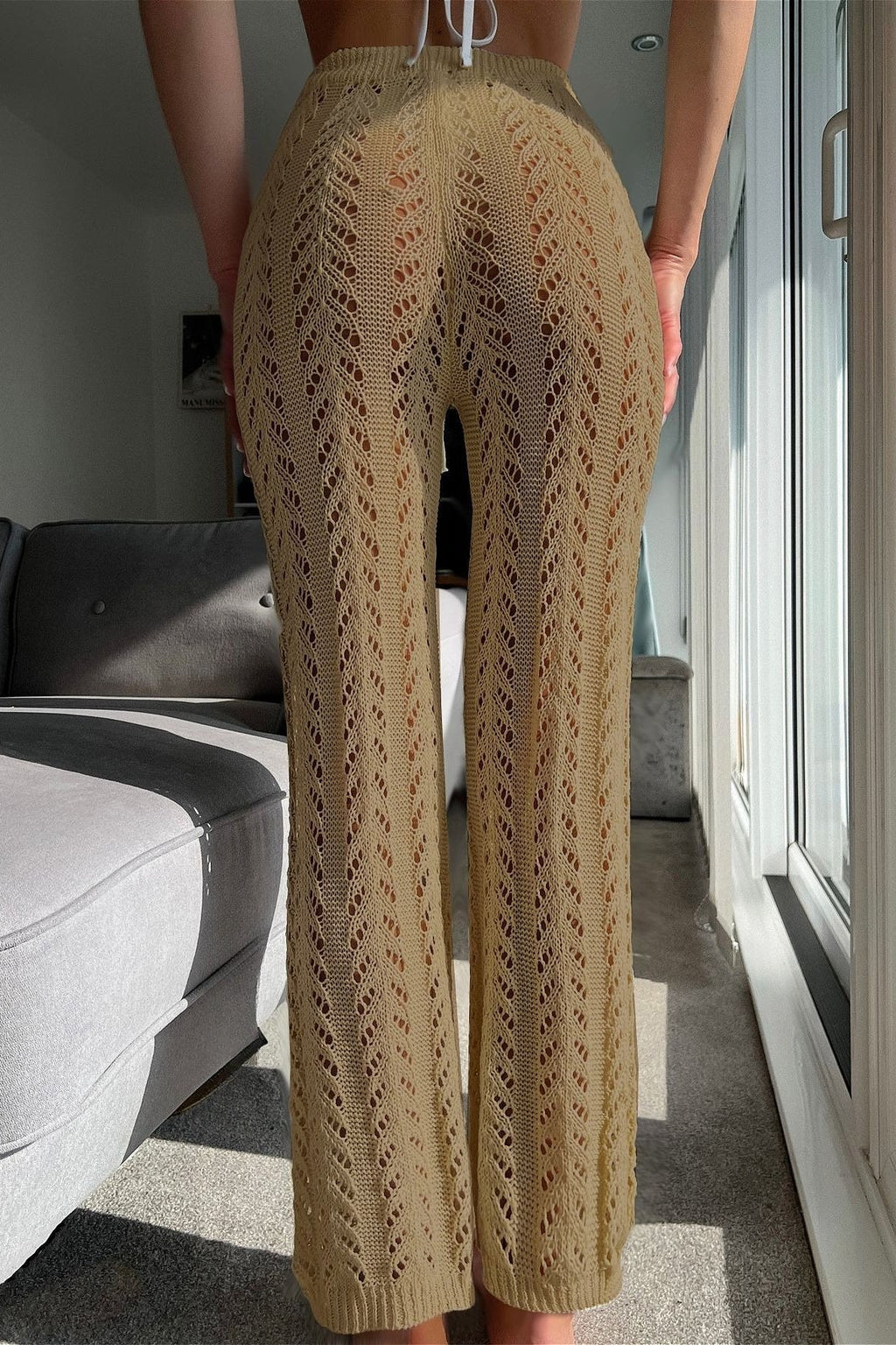 Vacation Knit Hollow Out Tie Flared Pants image 6