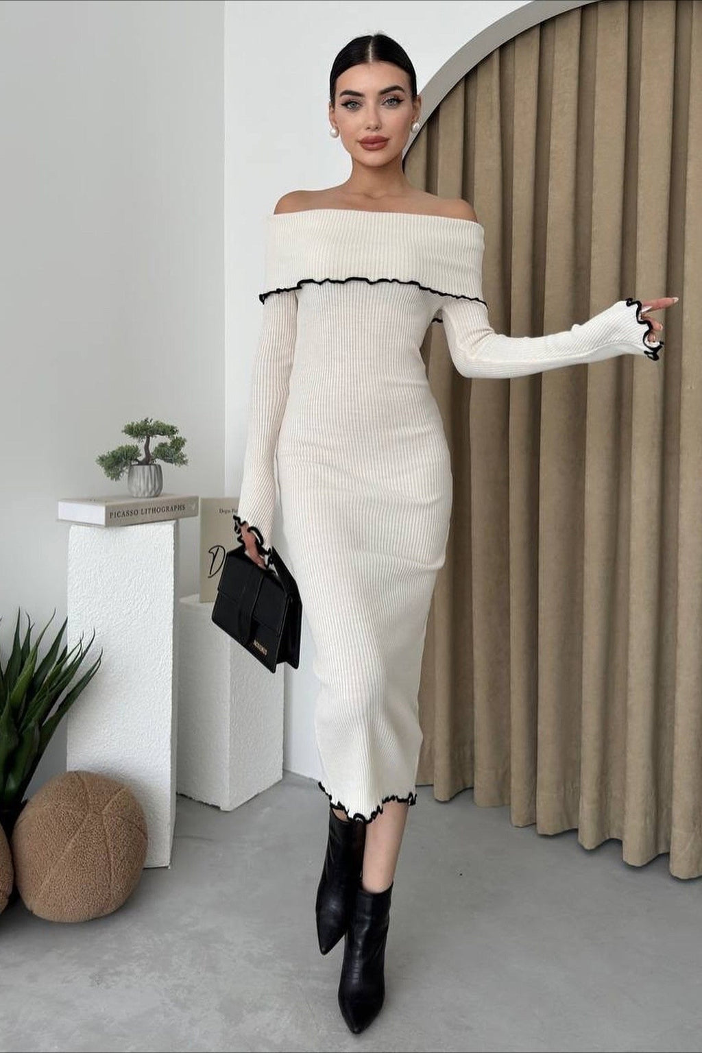 Ribbed Off Shoulder Color Block Knit Sweater Dress image 5