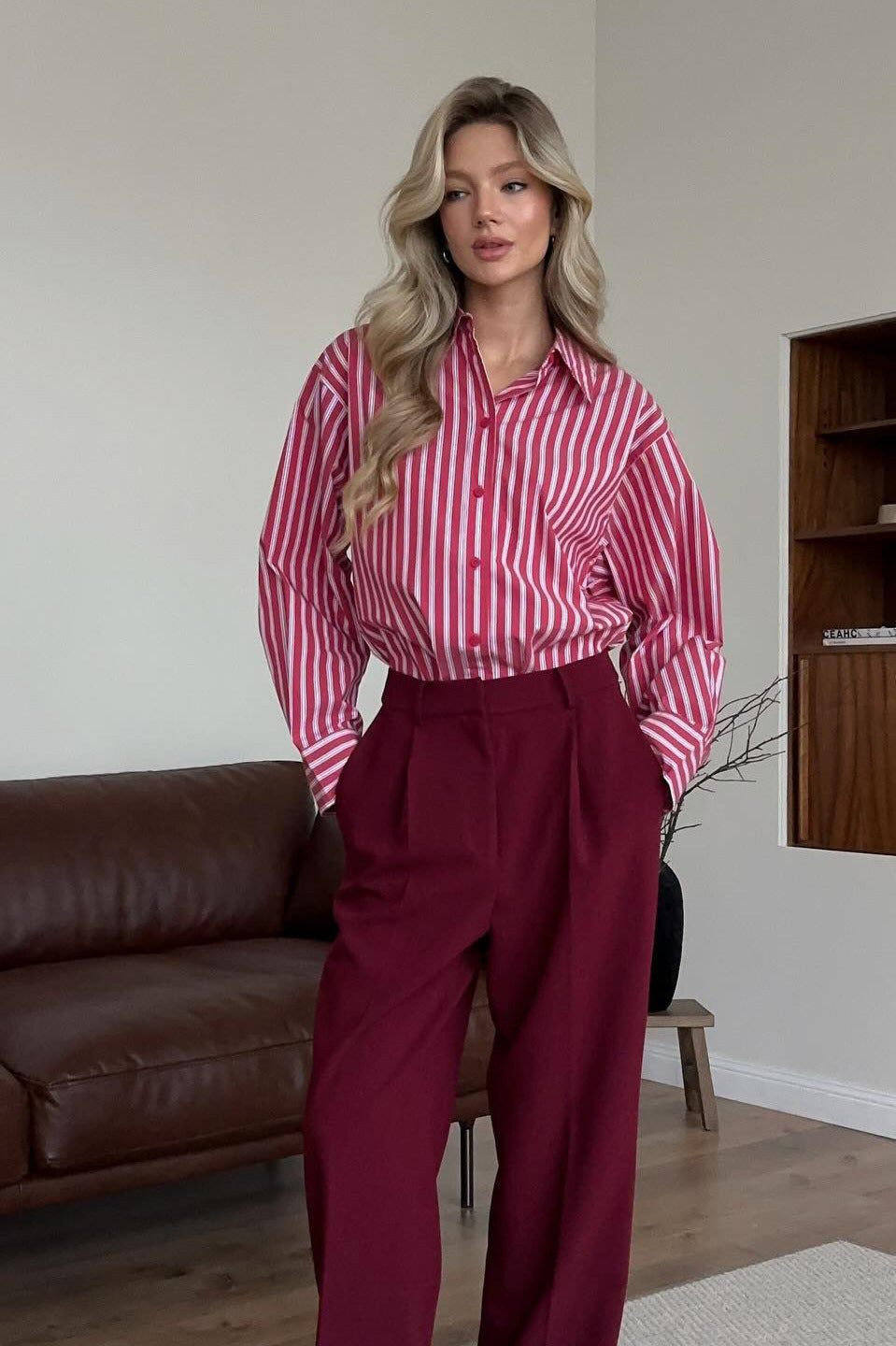 Red Striped Long Sleeve Distinctive British Blouse image 2