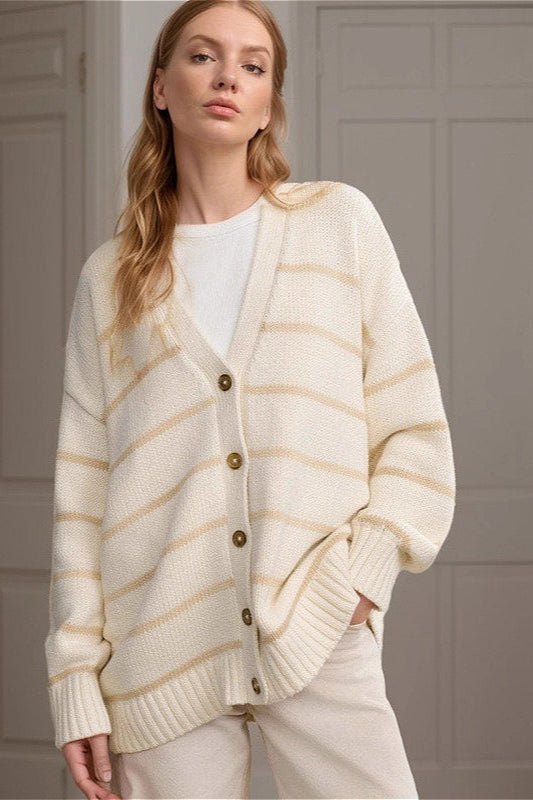 Striped Cotton V Neck Knit Cardigan image 3