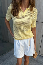Solid Knit Polo Shirt Cut Out Sexy Elegant Multicolor Blouse image 1