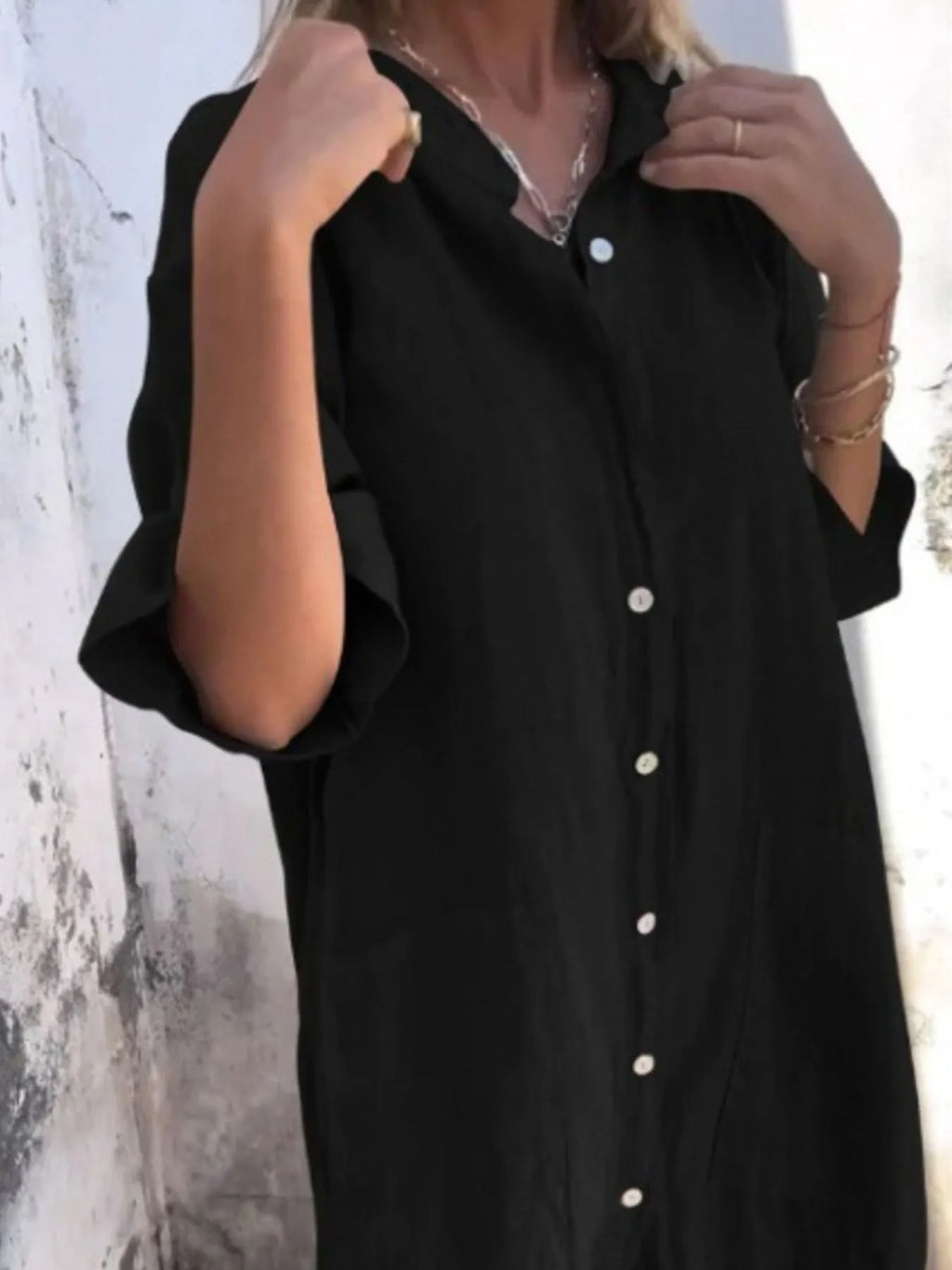 Marseille Linen Shirt Dress detail view styled for Avrienne